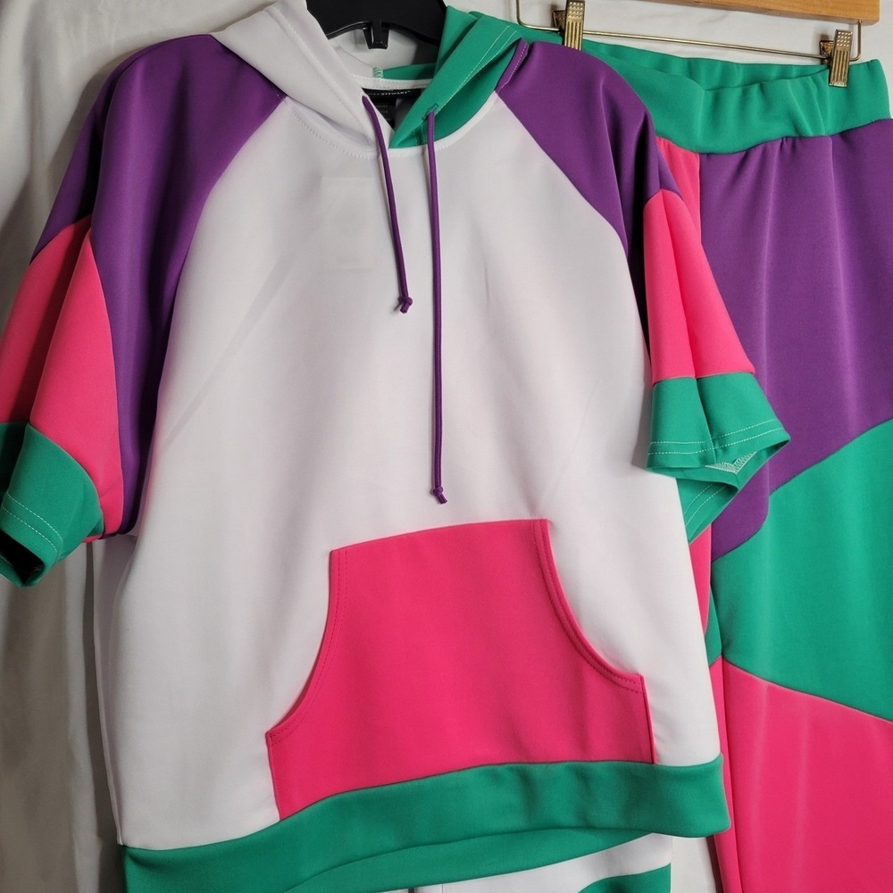 Ashley Stewart Womens Colorblock Tracksuit Set Short Sleeve Hoodie Joggers 14/16 - Picture 5 of 16